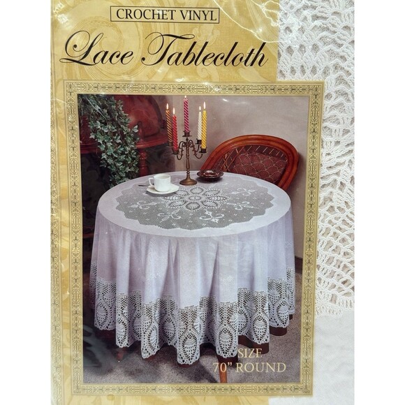 NEW Better Home White Crochet Vinyl Lace Tablecloth 70" Round - Picture 2 of 5